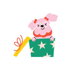 Cute dog with gift vector, pastel character — playful element for Christmas greeting sets and kids packaging.