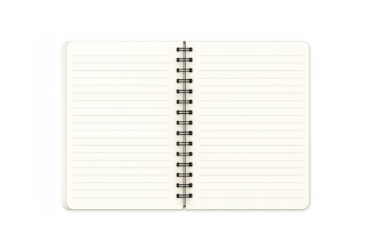 Open lined spiral notebook with blank pages providing space for writing notes or planning tasks, transparent background
