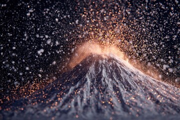 Volcano erupting snowflakes creates a surreal winter landscape with sparkling effects in an unusual climatic display