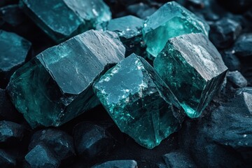 Exploration of green miner stones resting on a bed of black stones in a minimalist composition, showcasing natural beauty and texture