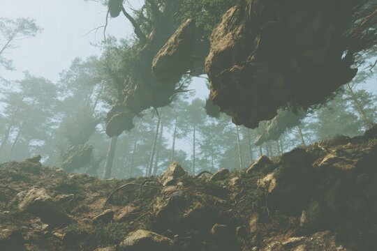 Roots and rocks floating mysteriously in a foggy forest landscape, showcasing the unusual beauty of nature's peculiarities