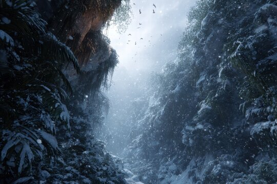 Blizzard blankets deep jungle canyon with snow creating a surreal winter landscape amidst lush greenery and towering cliffs