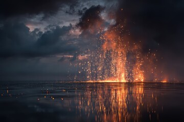Obraz premium Glowing embers fall into dark waters as storm clouds gather, creating an eerie and captivating scene of nature's power and beauty in a dramatic setting