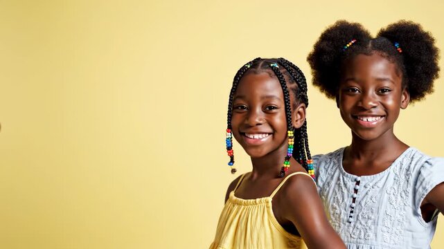 Two happy African American girls with braids and afro puffs smiling together. Portrait of young friends with cultural hairstyles on yellow background with copy space