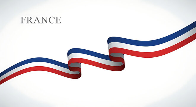 Elegant waving french tricolor flag ribbon against a white background with subtle diamond pattern