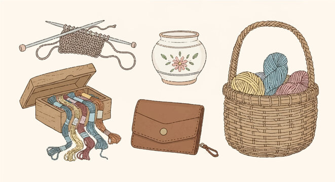 A delightful assortment of crafting essentials for knitting and creative projects, perfect for enthusiasts of handmade arts and traditional hobbies