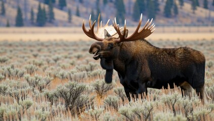Majestic bull moose standing in a field of sagebrush in grand teton national park, wyoming