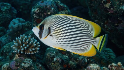 Close up of a masked butterflyfish swimming near coral reef in the red sea, egypt, africa