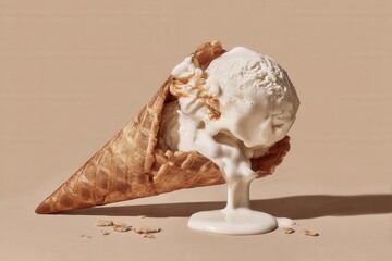 A cracked waffle cone filled with melting vanilla ice cream sits on a beige surface