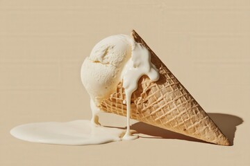A cracked waffle cone filled with melting vanilla ice cream sits on a beige surface