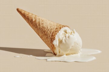 A cracked waffle cone filled with melting vanilla ice cream sits on a beige surface