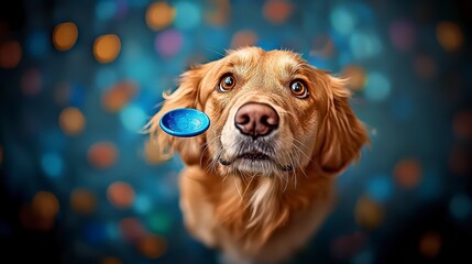 Playful golden retriever fetching a blue disc home backyard pet photography vibrant environment close-up perspective