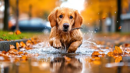 Playful golden retriever dog splashing in autumn leaves city park dog photography vibrant environment close-up perspective