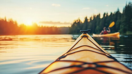 Recreation Group of friends paddling kayaks on a calm lake, having fun and recreating together.