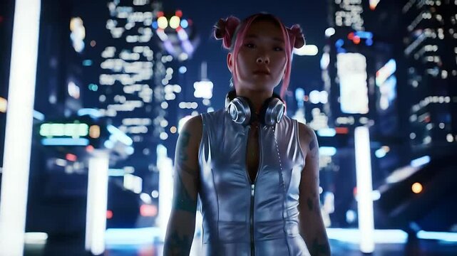 Sci-fi Dj Walking, young woman, 4k 60 fps Video