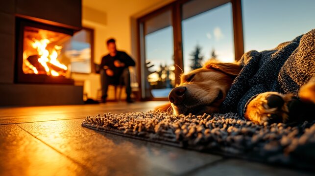 Cozy evening with a sleeping dog by the fireplace home interior warm atmosphere relaxing viewpoint comfort concept