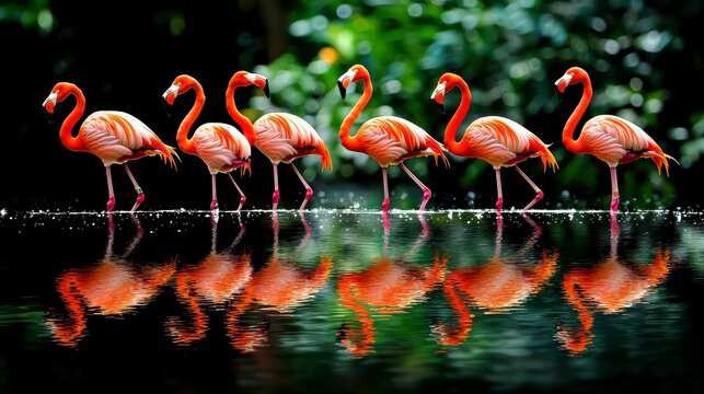 Graceful flamingos walking along a serene water reflection tropical habitat nature photography lush environment close-up view