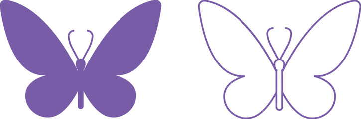 Butterfly icons set, colorful insect collection, black silhouette and outline group, flat and line style vector illustration, flying moth design, decorative butterfly symbol graphic element.