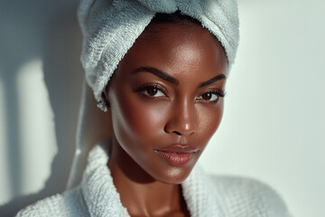  Closeup of laughing woman with head wrapped in towel wearing soft bathrobe. Vogue style close-up portrait of beautiful black woman