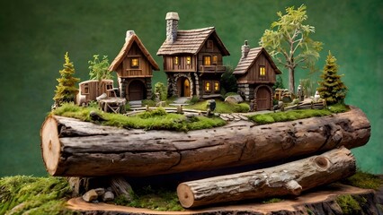 Miniature Village in a Log