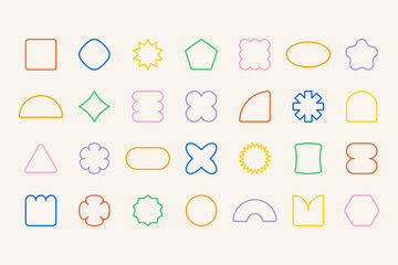 Abstract geometric shapes. Groovy stickers 70s 80s pop art style, retro colorful line funky geometry figures, Y2K organic badges for poster logo design. Vector isolated set