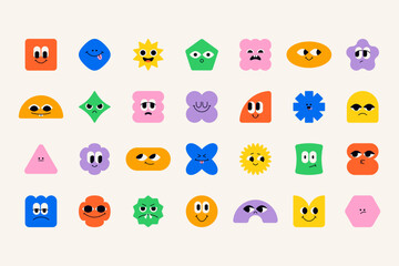 Cute geometric shape characters. Abstract funny geometry figures with faces with different emotions, square triangle circle rectangle rhombus smiling emojis. Vector isolated set