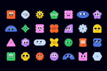 Abstract geometric shape characters. Cute blob faces smiling emojis, funny modern organic geometry messy figures with facial emotion. Vector isolated set
