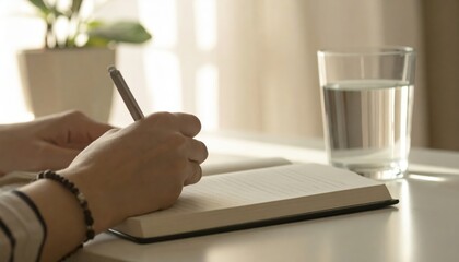 Writing in journal with glass of water on bedside table, warm light