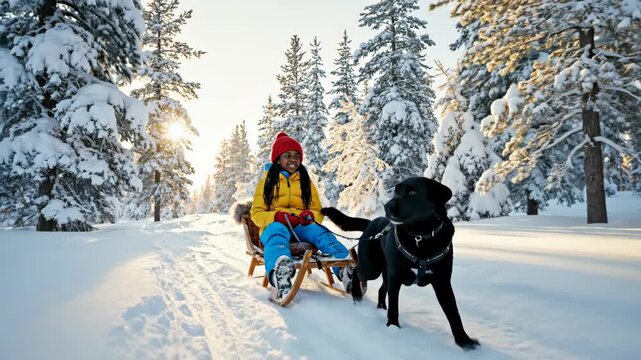 Happy young girl on sled pulled by dog through snowy forest. Child enjoying fun winter outdoor activity with pet