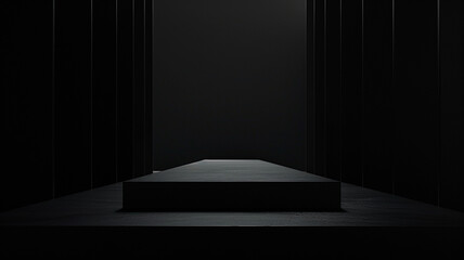 Minimal dark pedestal on black background, dramatic light and shadows, modern product presentation stage, 3D geometric form, luxury concept.
