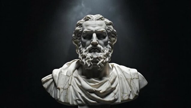 Dramatic spotlight on a marble Socrates bust creating an aura of wisdom and intellectual depth, perfect for educational content, historical documentaries, or philosophical discussions