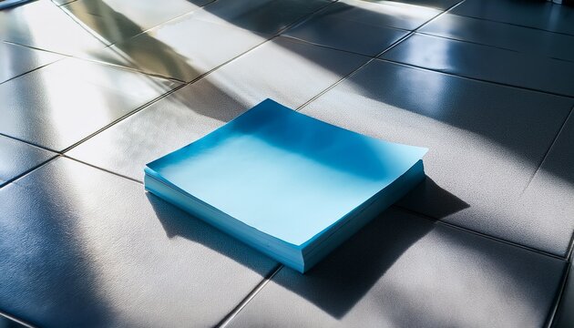blue sticky note on glossy tile floor with window shadows minimalist reminder concept in modern interior