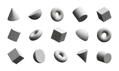 3D figures with noise create an interesting visual display of various geometric shapes and forms in a monochrome design.