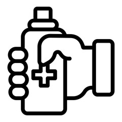 Bottle of antiseptic in hand line icon, medicine concept. Vector graphics. Antiseptic bottle with medical cross sign on white background, style icon mobile or web design.