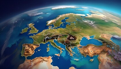 detailed satellite view of europe showcasing diverse landscapes and geographical features