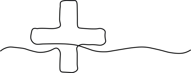 Black line art cross symbol with wavy line religion