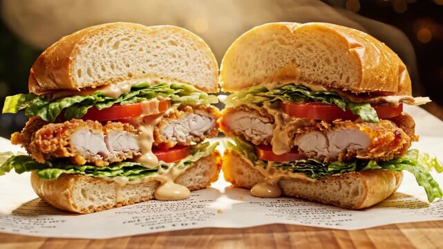 Gourmet crispy fried chicken sandwich cut in half. Delicious fast food meal with fresh lettuce, tomato, and creamy sauce on bun. Close-up of hot and juicy meal with steam