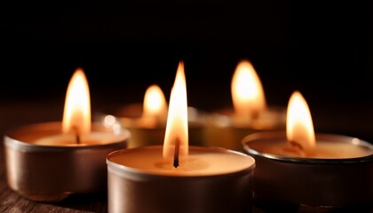 close up of scented candles burning in the dark cinematic lighting with deep shadows