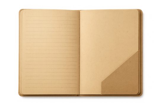 Open blank vintage notebook journal with aged paper and lined left page, featuring a small pocket on transparent background