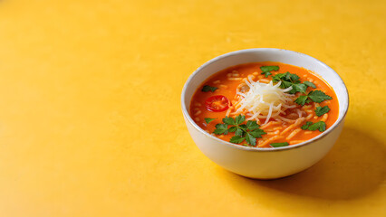 A colorful bowl of spicy Asian noodle soup with a rich orange broth, garnished with fresh herbs, bean sprouts, red chili slices, and leafy greens. The dish sits against a vivid yellow background, crea