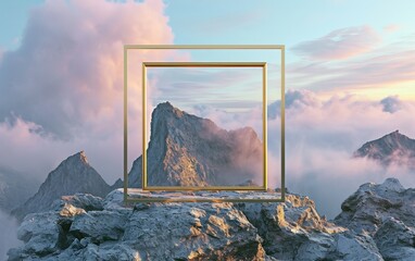A golden frame stands amidst pastel mountains and soft clouds during a serene sunset. The vibrant colors blend together, creating a dreamlike atmosphere that captivates the viewer.