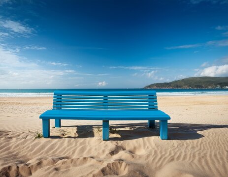 blue bench on sandy beach