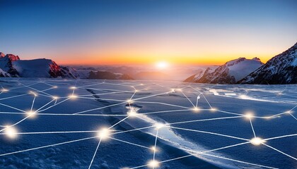 glacial landscape with illuminated network pathways at sunrise