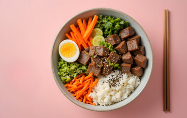 A beautifully arranged Japanese-style rice bowl featuring tender beef cubes, half-boiled eggs, shredded carrots, green vegetables with sesame seeds, and steamed rice sprinkled with black sesame.