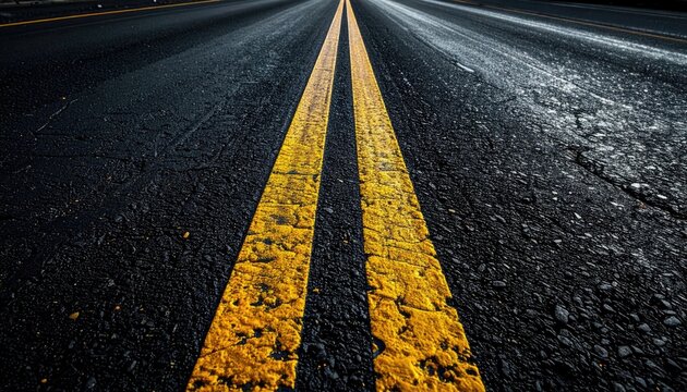 Close up of double yellow lines on a wet asphalt road surface with scattered light reflections during the day
