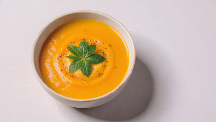 A bowl of creamy pumpkin soup, garnished with fresh parsley and a sprinkle of cracked black pepper. The bowl rests on a light-toned surface beside a slice of bread, creating a warm and inviting presen