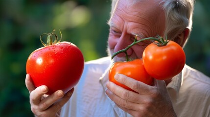 Elderly Man Holding Fresh Tomatoes in Garden Smiling with Joy
