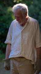 Elderly Man in Natural Setting with Soft Lighting and Reflective Mood