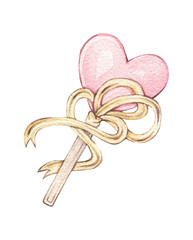 Watercolor wand with a heart and bow. Magic wand with a pink heart. Lollipop with a pink heart. Cute decoration for design and decoration. Valentine's Day.