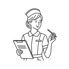 A black and white line art illustration of a female nurse in uniform holding a clipboard and a pen.